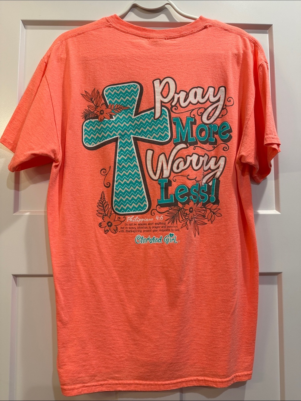Coral Peach Cherished Girl Religious Graphic Tee with Teal Chevron Cross Medium